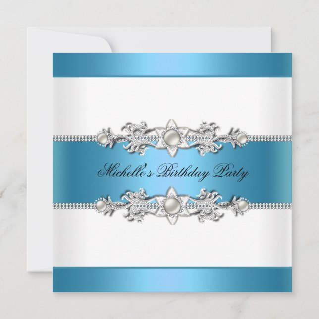 Invitation Fête d'anniversaire Blanc Bleu Sarcelle Perle Bijo (Devant)