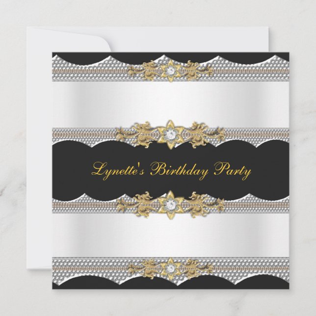Invitation Fête d'anniversaire Blanc Or Noir Argent Diamant (Devant)