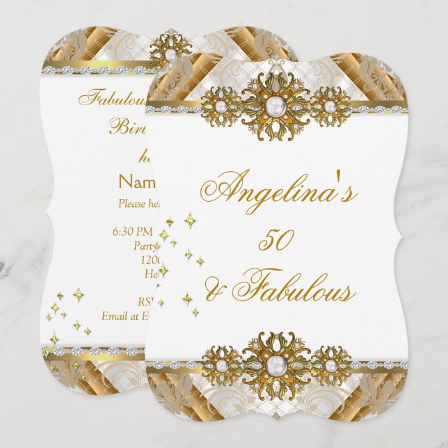 Invitation Fête d'anniversaire blanche et or damassé fabuleus (Devant / Derrière)