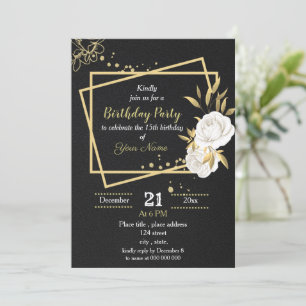Invitation fête d'anniversaire blanche et or floral noir