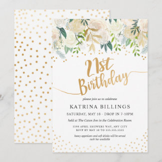 Invitation Fête d'anniversaire blanche florale et 21ème d'or