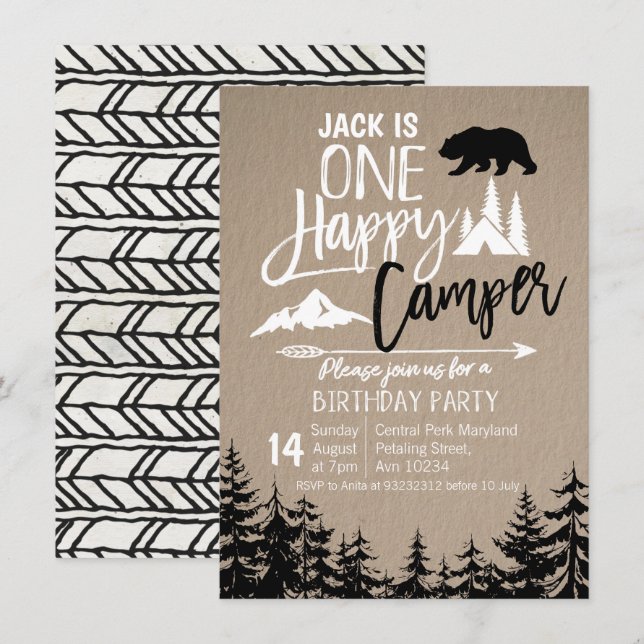 Invitation Fête d'anniversaire blanche noire de camping de (Devant / Derrière)