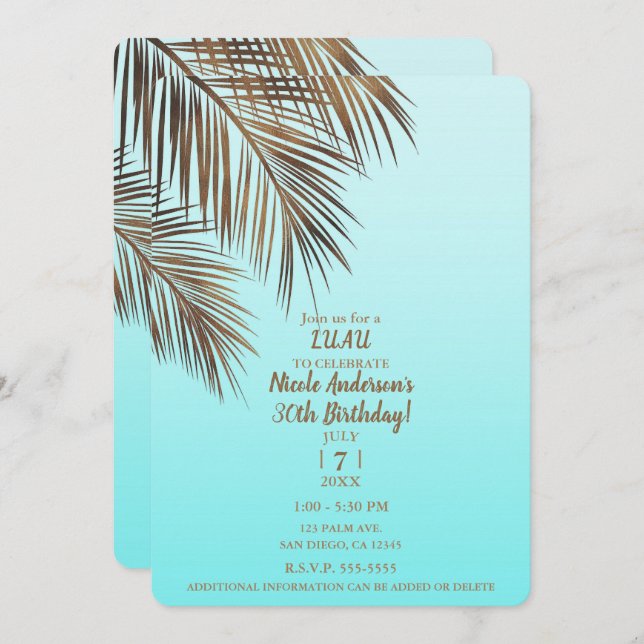 Invitation Fête d'anniversaire Bleu Aqua Copper Palm Bahama B (Devant / Derrière)