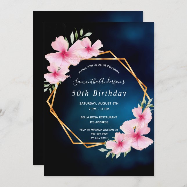 Invitation fête d'anniversaire bleu ciel rose fleurs (Devant / Derrière)