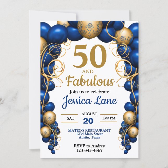 Invitation Fête d'anniversaire Bleu Clair et Or Plat (Devant)