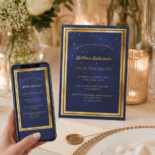 Invitation Fête d'anniversaire bleu confetti doré saupoudré
