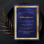 Invitation Fête d'anniversaire bleu confetti saupoudrée<br><div class="desc">Une carte d'invitation branchée et moderne de 50e anniversaire (ou de n'importe quel âge) pour hommes, hommes, hommes. Un arrière - plan bleu foncé, bleu marine. La couleur bleue est inégale. Avec un cadre en faux or et des confettis dorés saupoudrés, des lettres de couleur dorée. Modèles pour vos informations...</div>