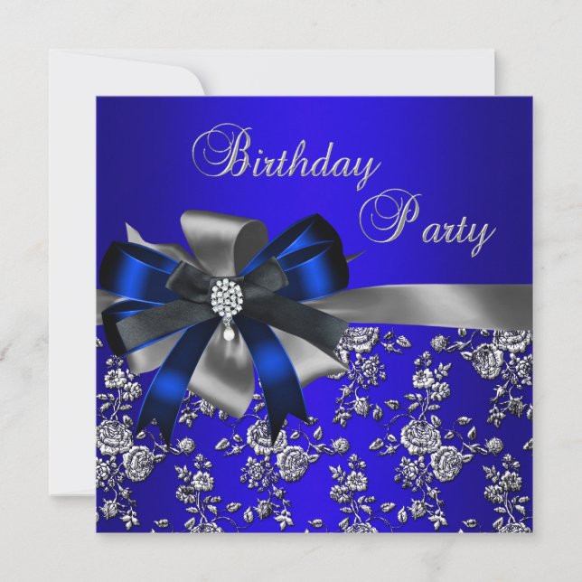Invitation Fête d'anniversaire bleu damassé perle argent noir (Devant)
