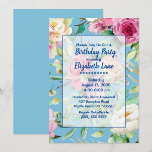 Invitation Fête d'anniversaire bleu et rose