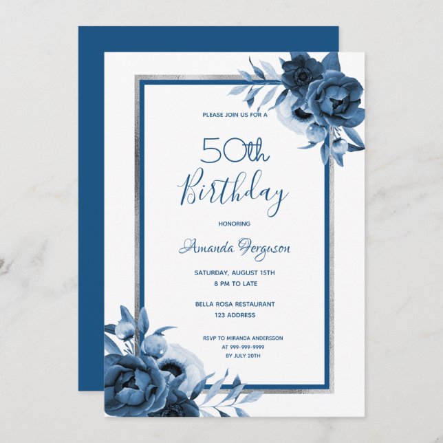 Invitation Fête d'anniversaire bleu floraux blanc argent (Devant / Derrière)
