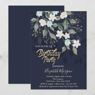 Invitation Fête d'anniversaire bleu foncé floral