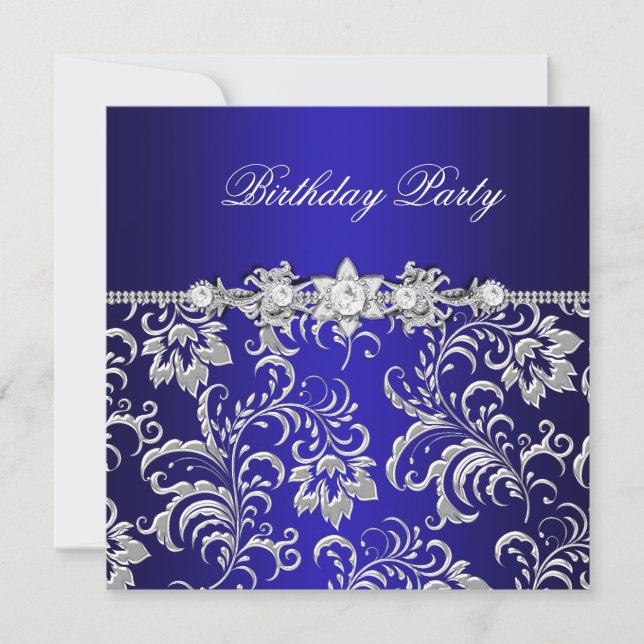 Invitation Fête d'anniversaire bleu foncé Floral Damask Argen (Devant)