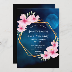Invitation Fête d'anniversaire bleu lune rose floraux géométr