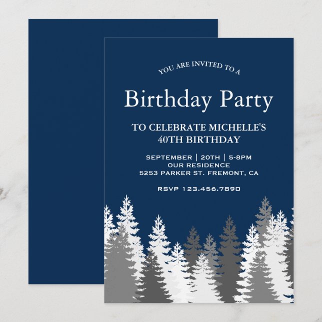 Invitation Fête d'anniversaire bleu marine avec des pins enne (Devant / Derrière)