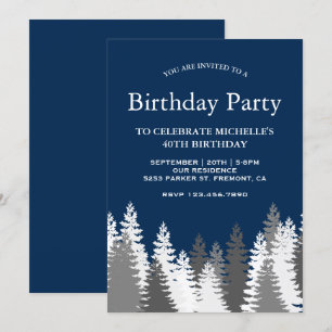 Invitation Fête d'anniversaire bleu marine avec des pins enne