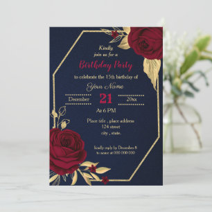 Invitation fête d'anniversaire bleu marine floral or bordeaux