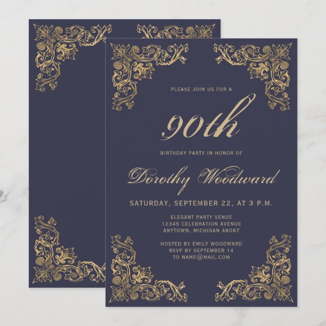 Invitation Fête d'anniversaire bleu marine foncé avec cadre d (Devant / Derrière)