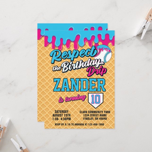 Invitation Fête d'anniversaire Bleu Rose Dégoulinade de Crème (Devant/Arrière en situation)