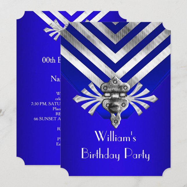 Invitation Fête d'anniversaire Bleu Royal avec Rayure Argenté (Devant / Derrière)