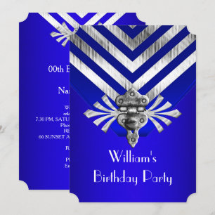 Invitation Fête d'anniversaire Bleu Royal avec Rayure Argenté