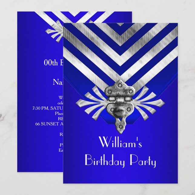 Invitation Fête d'anniversaire Bleu Royal avec Rayure Argenté (Devant / Derrière)