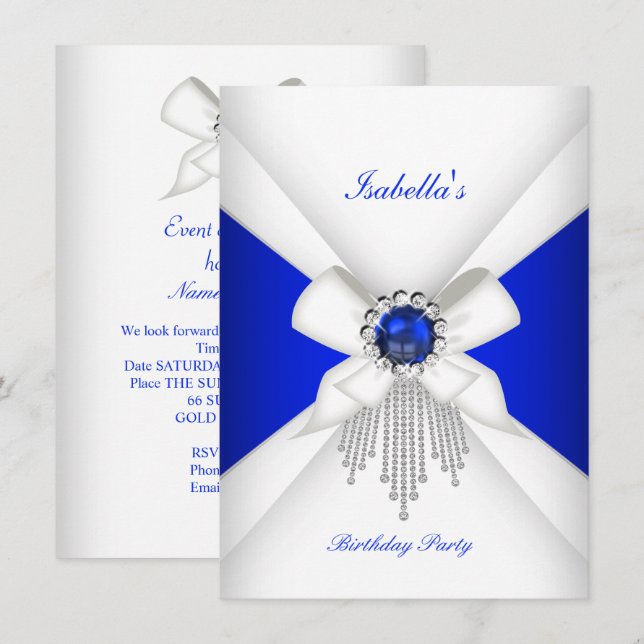 Invitation Fête d'anniversaire bleu royal blanc diamant perle (Devant / Derrière)