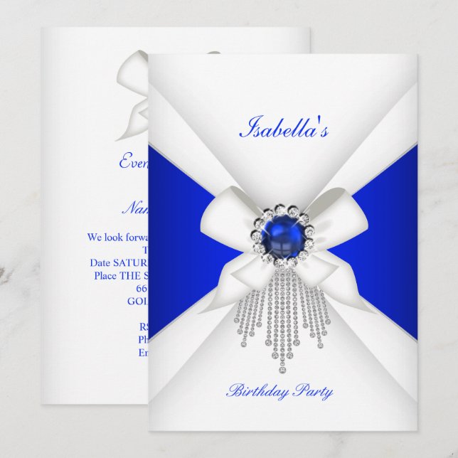Invitation Fête d'anniversaire bleu royal blanc diamant perle (Devant / Derrière)