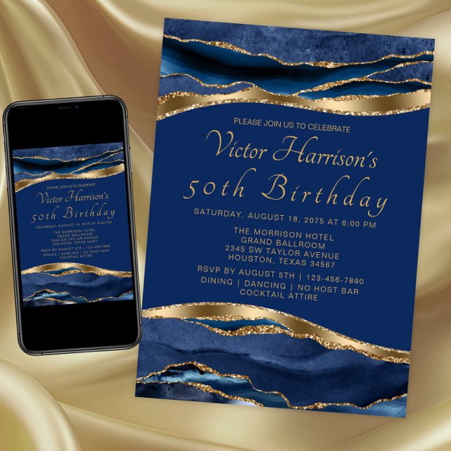 Invitation Fête d'anniversaire bleu royal et agate dorée pour (Blue gold any event invitation. Instant download and printed invitations available.)