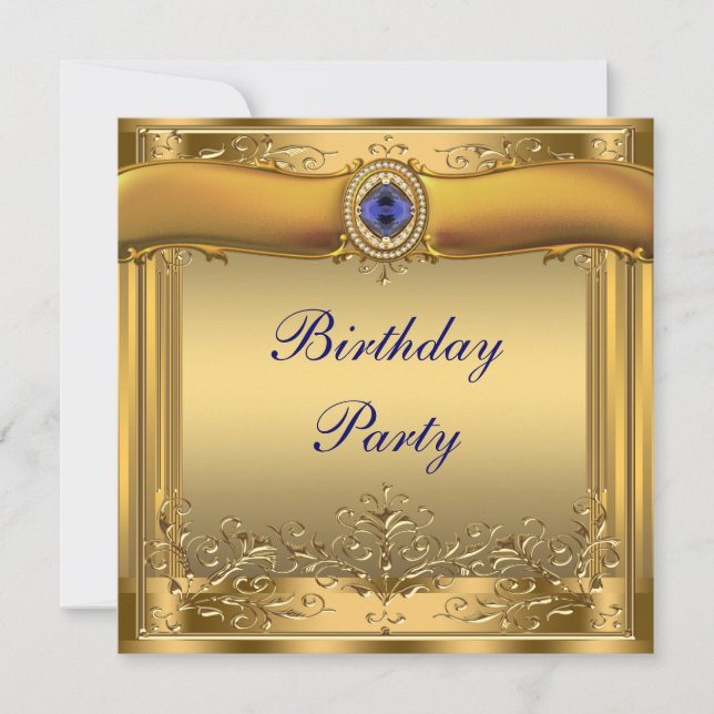 Invitation Fête d'anniversaire bleu royal et or (Devant)