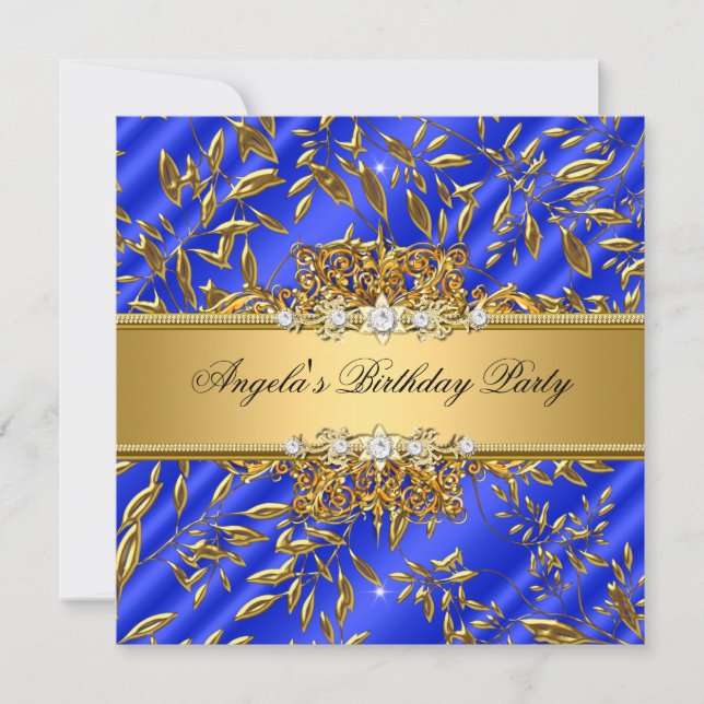Invitation Fête d'anniversaire bleu royal Image de bijou doré (Devant)