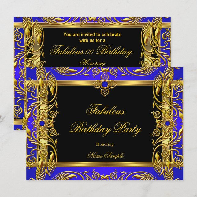 Invitation Fête d'anniversaire bleu royal noir or fabuleuse (Devant / Derrière)