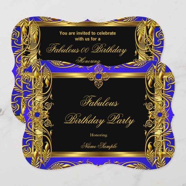 Invitation Fête d'anniversaire bleu royal noir or fabuleuse (Devant / Derrière)