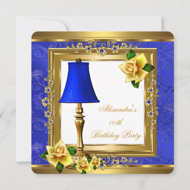 Invitation Fête d'anniversaire Bleu royal Perle Or Jaune Rose (Devant)