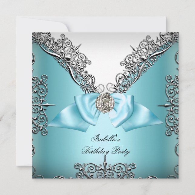 Invitation Fête d'anniversaire bleu sarcelle argenté blanc (Devant)