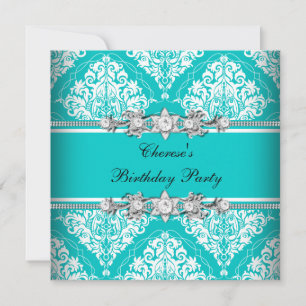 Invitation Fête d'anniversaire Bleu sarcelle Blanc Floral dam
