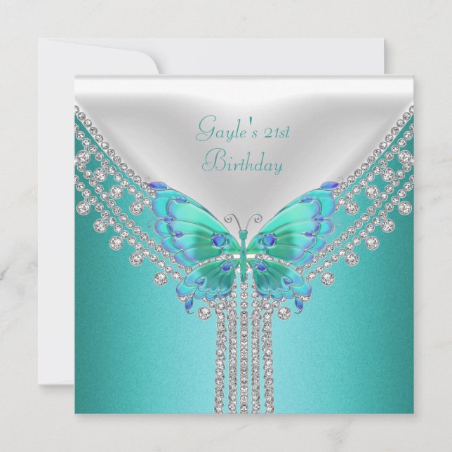Invitation Fête d'anniversaire bleu sarcelle blanc papillon (Devant)
