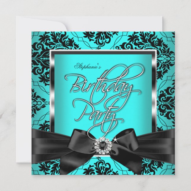 Invitation Fête d'anniversaire Bleu sarcelle Damassé Argent N (Devant)