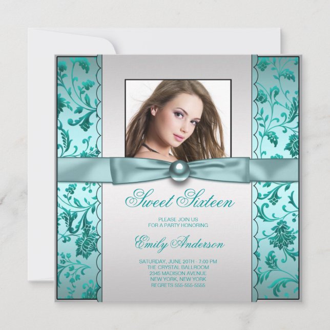 Invitation Fête d'anniversaire bleu sarcelle damassé Sweet Si (Devant)