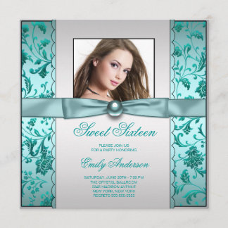 Invitation Fête d'anniversaire bleu sarcelle damassé Sweet Si