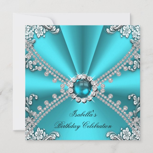 Invitation Fête d'anniversaire Bleu sarcelle Diamant Bijou Ar (Devant)