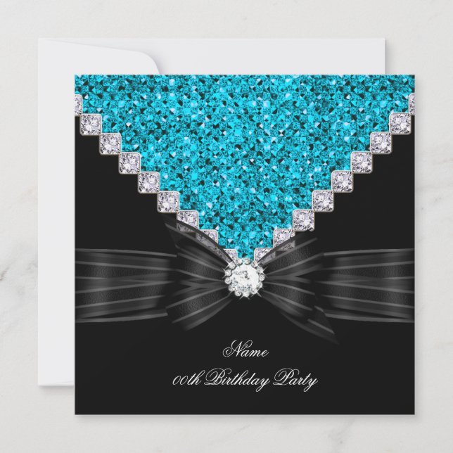 Invitation Fête d'anniversaire Bleu sarcelle Noir Paillettes  (Devant)