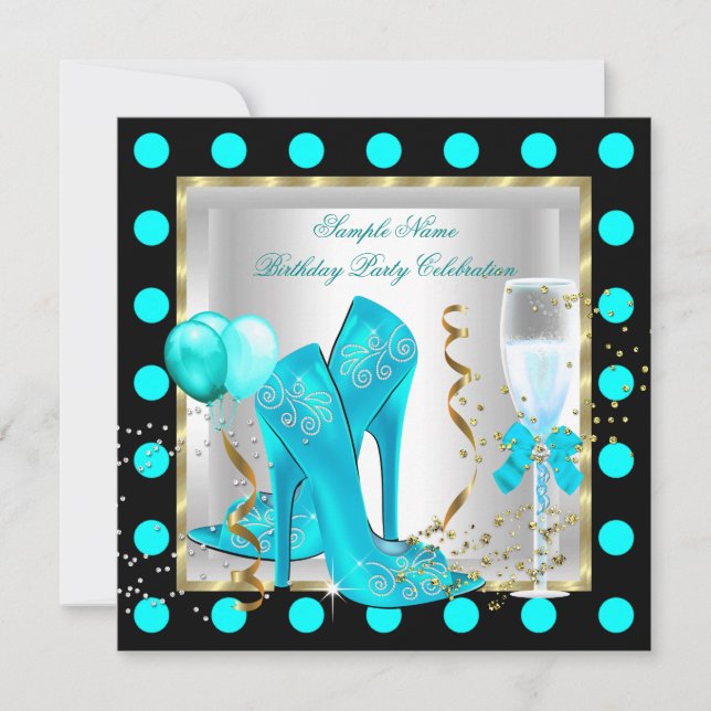 Invitation Fête d'anniversaire bleu sarcelle or paillettes ta (Devant)