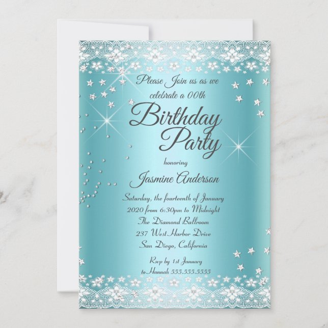 Invitation Fête d'anniversaire bleu sarcelle paillettes argen (Devant)