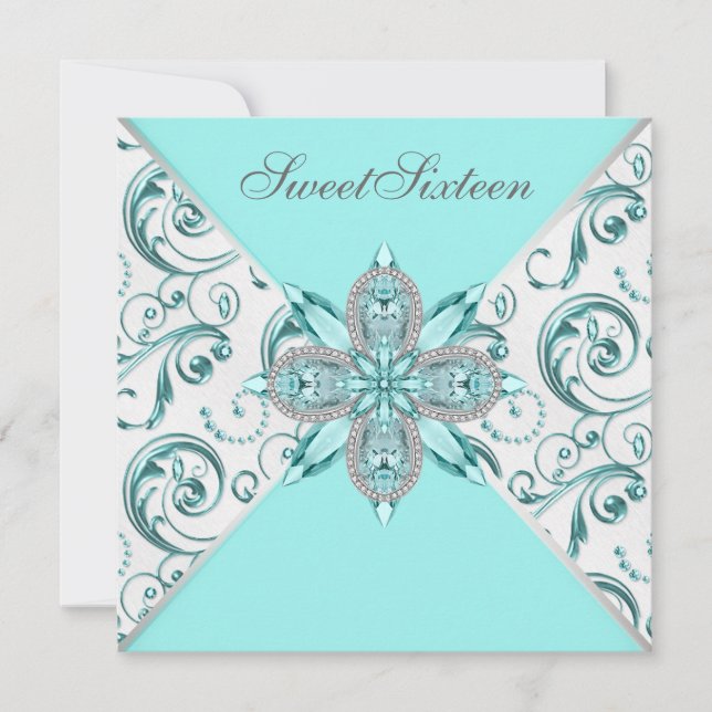 Invitation Fête d'anniversaire bleu sarcelle pour une Sweet S (Devant)