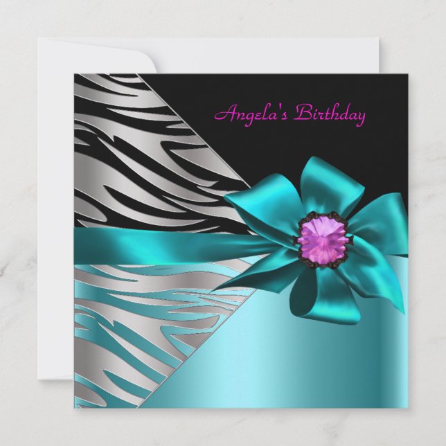 Invitation Fête d'anniversaire Bleu sarcelle Rose Argent Zèbr (Devant)