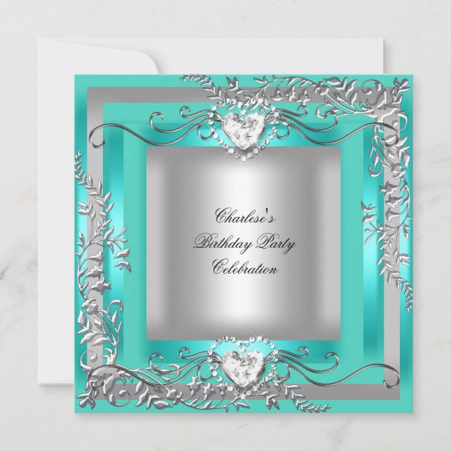 Invitation Fête d'anniversaire Bleu sarcelle Turquoise Argent (Devant)