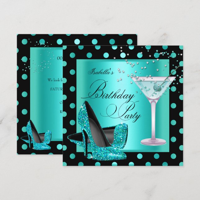 Invitation Fête d'anniversaire Bleu sarcelle Turquoise Noir (Devant / Derrière)