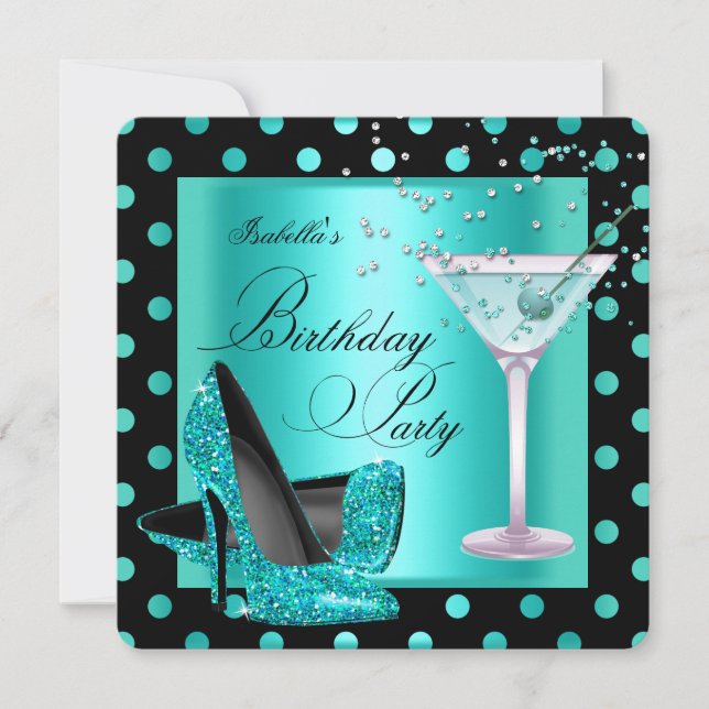 Invitation Fête d'anniversaire Bleu sarcelle Turquoise Noir (Devant)