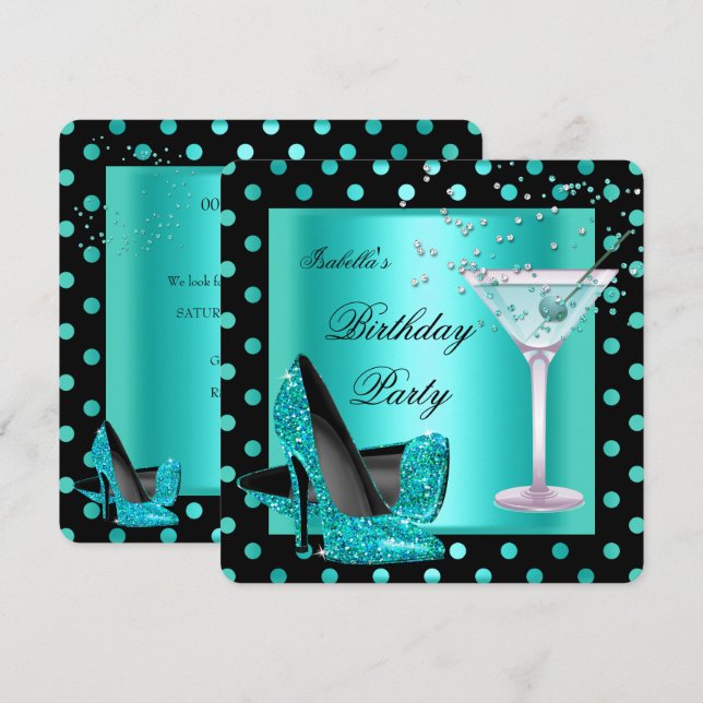 Invitation Fête d'anniversaire Bleu sarcelle Turquoise Noir 2 (Devant / Derrière)