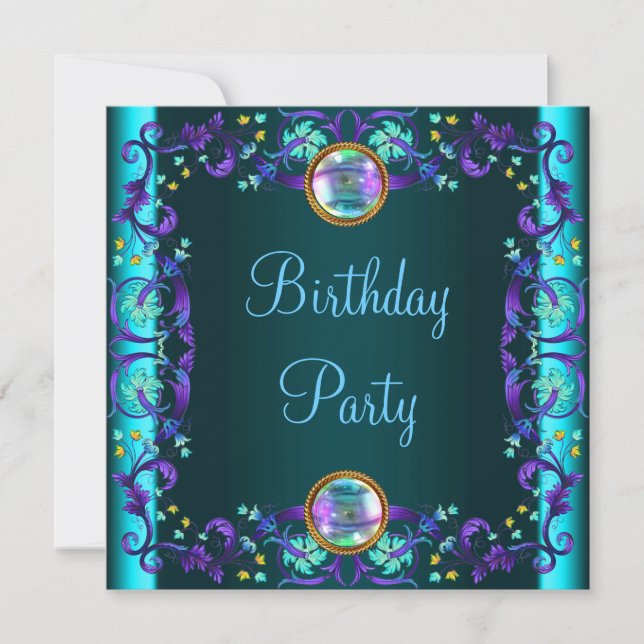Invitation Fête d'anniversaire bleu sarcelle violet (Devant)